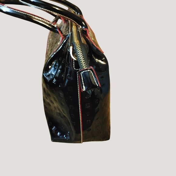 Arcadia Italy Handbag Satchel Black Patent Leather Embossed Design Gold Hardware - Picture 9 of 16